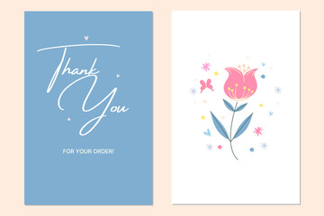 A charming set of cards with illustration of flowers in a minimalist style. Thank you for your order cards. vector illustration.