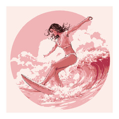 Surfer Girl Riding Waves in Retro Cartoon Style Design Artwork