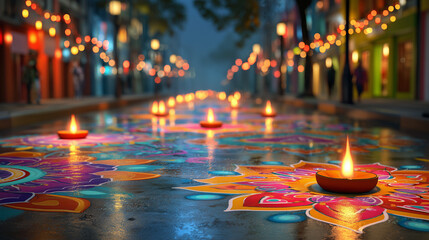 Diwali, vibrant street filled with colorful rangoli and oil lamps at night