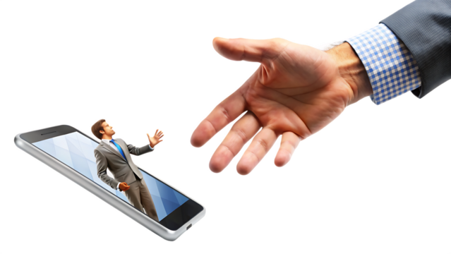 A pixelated hand extends from a smartphone screen, reaching towards a realistic human hand isolated  on  white Background ,PNG.AI .Generated.
