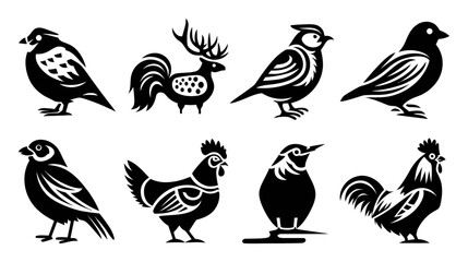 Obraz premium Black and White Silhouettes of Various Bird and Animal Designs