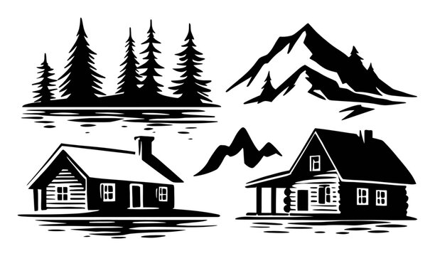 Black and White Illustrations of Mountains and Cabins in Nature Scene