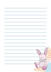The notebook page is a pink bunny toy. Vector illustration