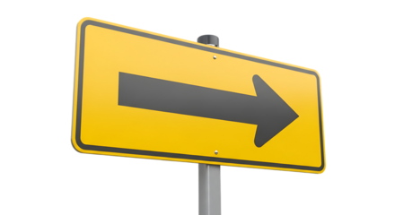 Yellow directional arrow sign isolated on a transparent background