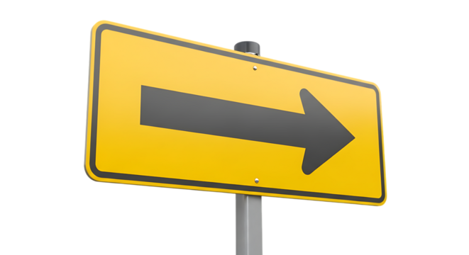 Yellow directional arrow sign isolated on a transparent background