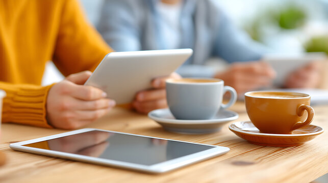 A close-up shot of two people at a cafe table, each using a tablet with coffee nearby, symbolizes casual collaboration and connectivity.