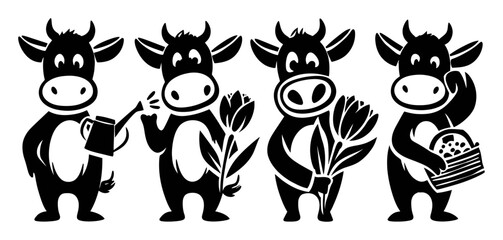 Playful Cartoon Cows with Flowers and Gardening Supplies in Black and White