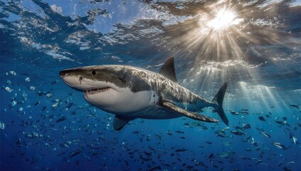 Fototapeta premium A large, powerful great white shark dominates the underwater scene, bathed in sunlight filtering through the water's surface.