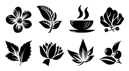 Black and White Floral and Herbal Elements for Creative Projects