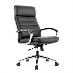 Executive Office Chair, Black Leather Upholstery with Chrome Base on White Background