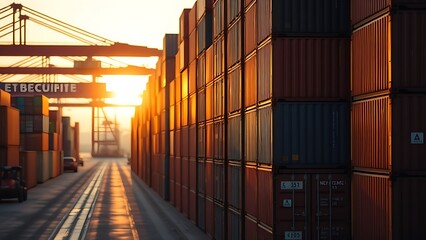 Fototapeta premium Shipping containers stack at a port under golden hour light, evoking an industrial yet serene atmosphere.