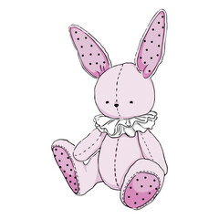 Illustration of a children's soft toy pink bunny. Vector illustration