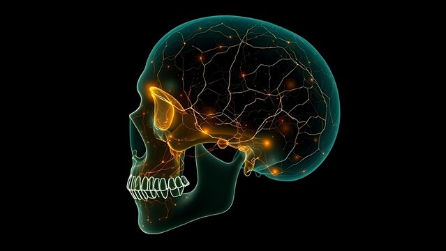 Bioluminescent neural networks pulsing inside a translucent human skull in darkness.