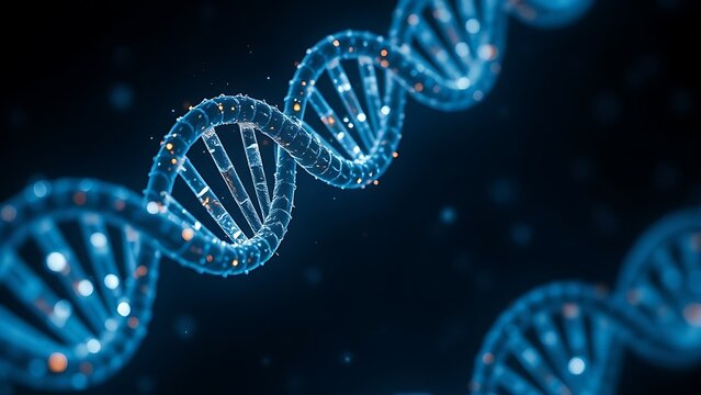 Dark DNA strands glowing under artificial light, revealing intricate hidden patterns.