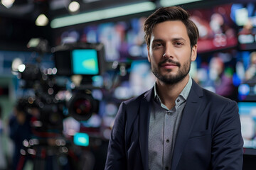 Generative AI professional male female Television Reporter in broadcast Studio with Camera