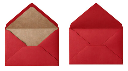Open and closed red envelope back views — high-resolution isolated cutout, top-down overhead angle with visible flap and seams, transparent background ready for stationery mockups and invitations