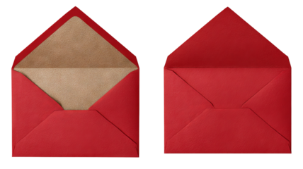 Open and closed red envelope back views — high-resolution isolated cutout, top-down overhead angle with visible flap and seams, transparent background ready for stationery mockups and invitations