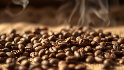 Freshly roasted coffee beans on burlap, steaming with warmth and rich texture.