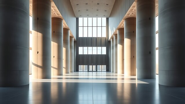 Vast architectural space with smooth concrete columns and diffused natural light, symmetrical and minimalist.