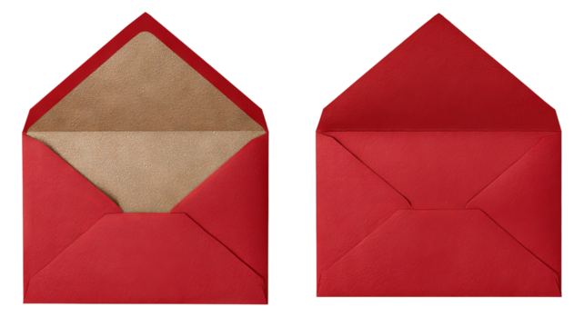 Open and closed red envelope back views — high-resolution isolated cutout, top-down overhead angle with visible flap and seams, transparent background ready for stationery mockups and invitations
