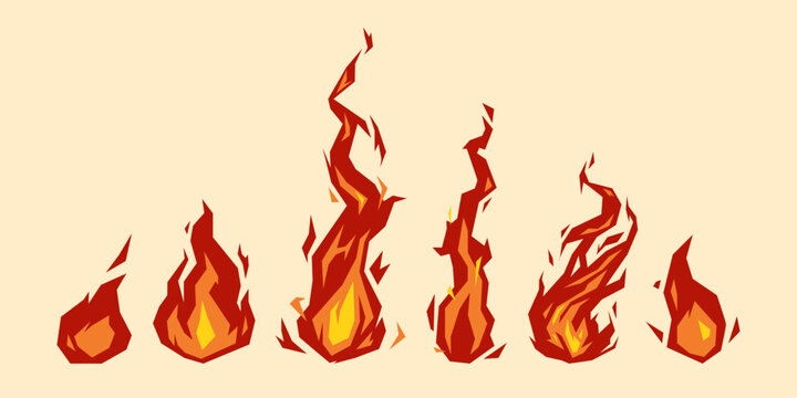 Set of fire flames, fireball, campfire in geometric shape. Flat vector illustration 