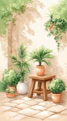 Fototapeta premium Peaceful Patio Garden with Terracotta Pots and Lush Greenery