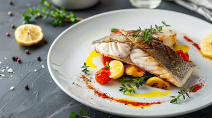 Elegantly plated Australian barramundi with roasted vegetables, lemon butter sauce, and fresh herbs