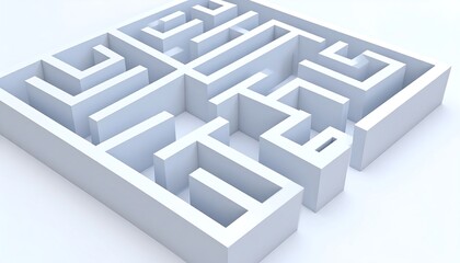 A three-dimensional, light gray maze, intricately designed with multiple passageways, creates a complex and challenging puzzle on a plain white background.