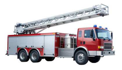 Red fire truck with extended ladder, emergency rescue vehicle concept, isolated on white background
