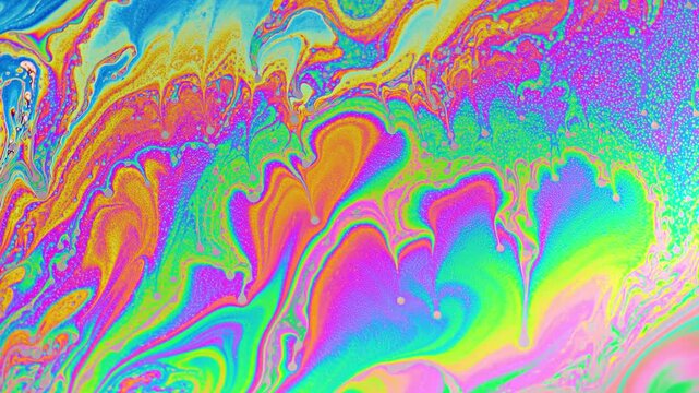 Vibrant Abstract Pattern with Swirling Rainbow Colors and Fluid Shapes Resembling Soap Bubble Surface Creating Psychedelic Effect