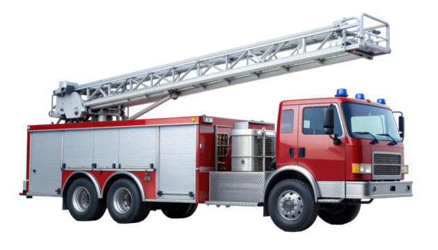 Red fire truck with extended ladder, emergency rescue vehicle concept, isolated on white background
