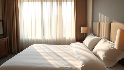 Hotel bedroom with neatly made bed and sunlight filtering through sheer curtains.