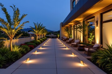a rooftop walkway with ground embedded lights and glowing edges that bring out the tones of surrounding plants and furniture while guiding guests with bright focus.