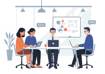 illustration of a team meeting in a modern flat design. Depicts teamwork, collaboration, and office culture in a clean and simple flat style, ideal for business infographics and corporate content