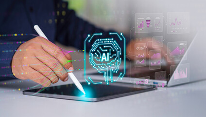 Artificial intelligence, big data analysis concept, Human using digital pen to holographic AI brain, data visualization dashboard, and futuristic analytics interface for business technology solutions