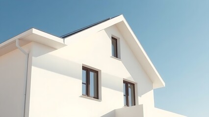 Modern white house with solar panels and clean design against a simple blue sky.
