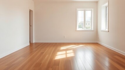 Fototapeta premium Minimalist mid-century modern living space with wooden floors and soft natural light from a window.