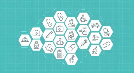 Naklejka premium Abstract medical technology and healthcare icons forming a network on a blue grid background, representing digital health and innovation