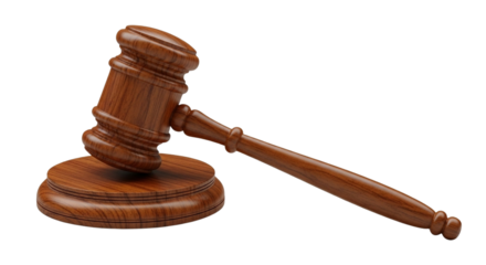 A brown wooden gavel on a sound block.