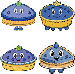 Cute Cartoon Blueberry Pie and Slice Characters Set