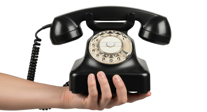 A hand holding a vintage black rotary dial telephone with a coiled cord against a white background. - Powered by Adobe