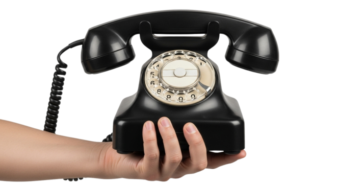 A hand holding a vintage black rotary dial telephone with a coiled cord against a white background.