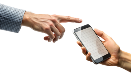 A pixelated hand extends from a smartphone screen, reaching towards a realistic human hand isolated  on  white Background ,PNG.AI .Generated.