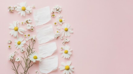 77.Minimalistic flat lay featuring a panty liner with chamomile petals artfully spread across its surface, set against a light pink backdrop, symbolizing gentle, plant-based care for feminine hygiene.