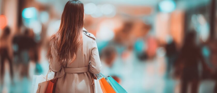 The woman in a trench coat carrying colorful shopping bags through a busy shopping mall