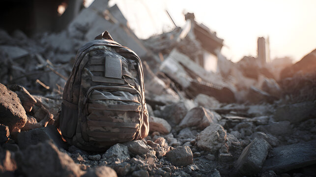 Camouflage backpack amidst devastation, a symbol of resilience against the backdrop of destruction, evoking themes of survival and displacement.