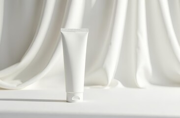 Cream tube without labels mockup standing on soft white fabric
