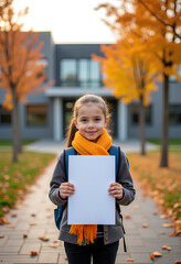 Portrait of a schoolgirl holding a blank poster in her hands against the background of a school