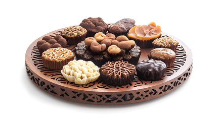 • Iftar dessert table featuring Ramadan Mubarak in Urdu on a laser-cut wooden plaque as a centerpiece isolated on white background in HD 