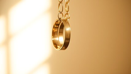 Golden wedding rings suspended in midair with soft reflections on a neutral backdrop.